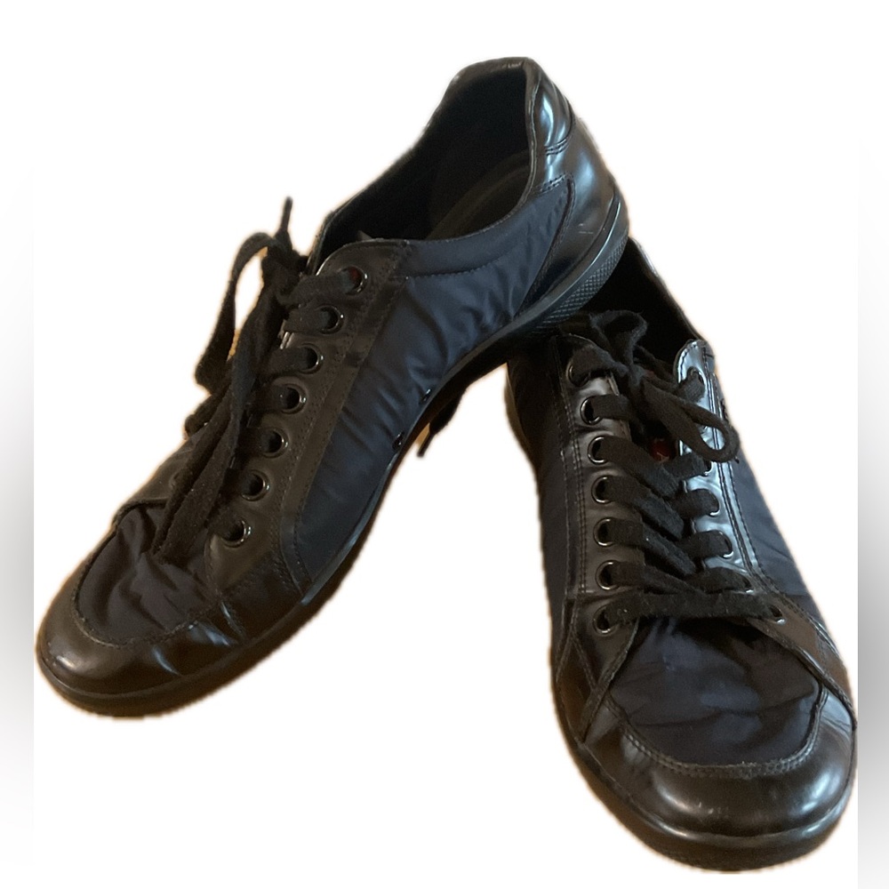 Prada Sleek Black Leather & Nylon Sport Sneakers Modern Design